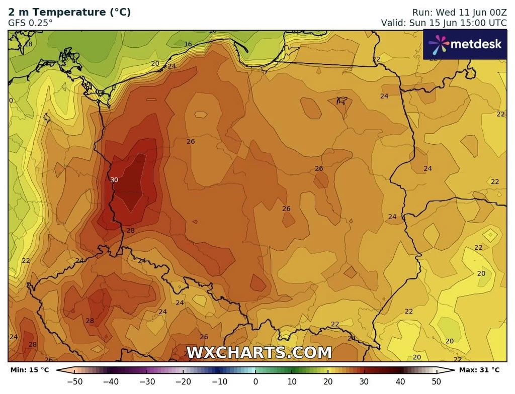 Niedziela będzie upalna na zachodzie. Tam można się spodziewać około 30 stopni Celsjusza Wizualizacja temperatury powietrza na wysokości 2 metrów nad powierzchnią ziemi na terenie Polski i sąsiednich krajów, z zaznaczonymi obszarami najwyższych temperatur dochodzących do 30°C w zachodniej i centralnej Polsce, mapę opatrzono skalą barw oraz...