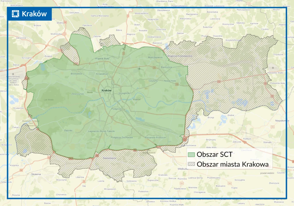 Mapa pokazująca granice strefy czystego transportu (SCT) w Krakowie oraz granice administracyjne miasta, na tle okolicznych miejscowości i sieci dróg.
