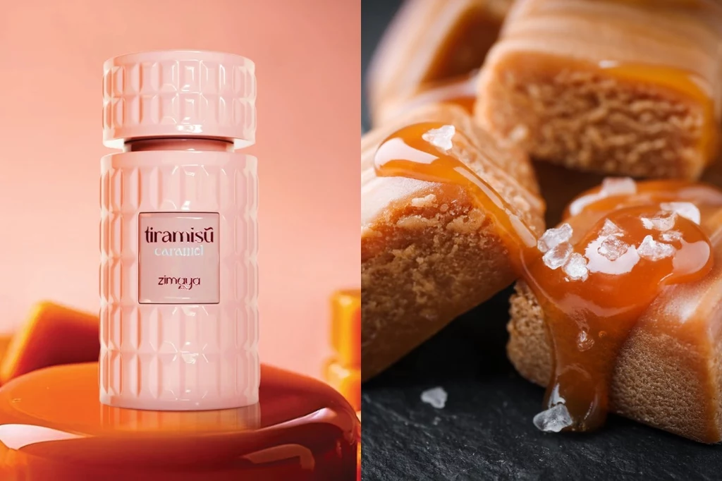 Najpiękniejsze perfumy na lato. Fot. Notino, 123RF/PICSEL Białe, eleganckie opakowanie perfum Tiramisu Caramel marki Zimaya otoczone karmelem, obok apetyczne kawałki kruchego ciasta polane gęstym karmelowym sosem i posypane solą morską.