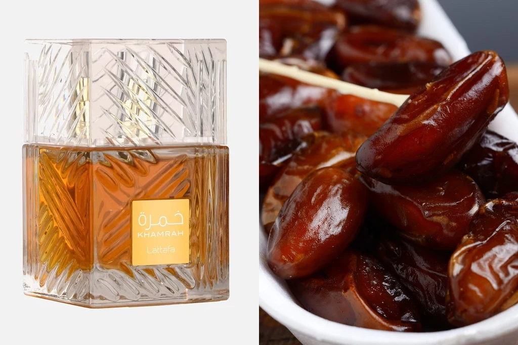 Świeży aromatyczno-przyprawowy zapach. Fot. Douglas, 123RF/PICSEL Elegancki flakon perfum ustawiony obok tacki z połyskującymi daktylami