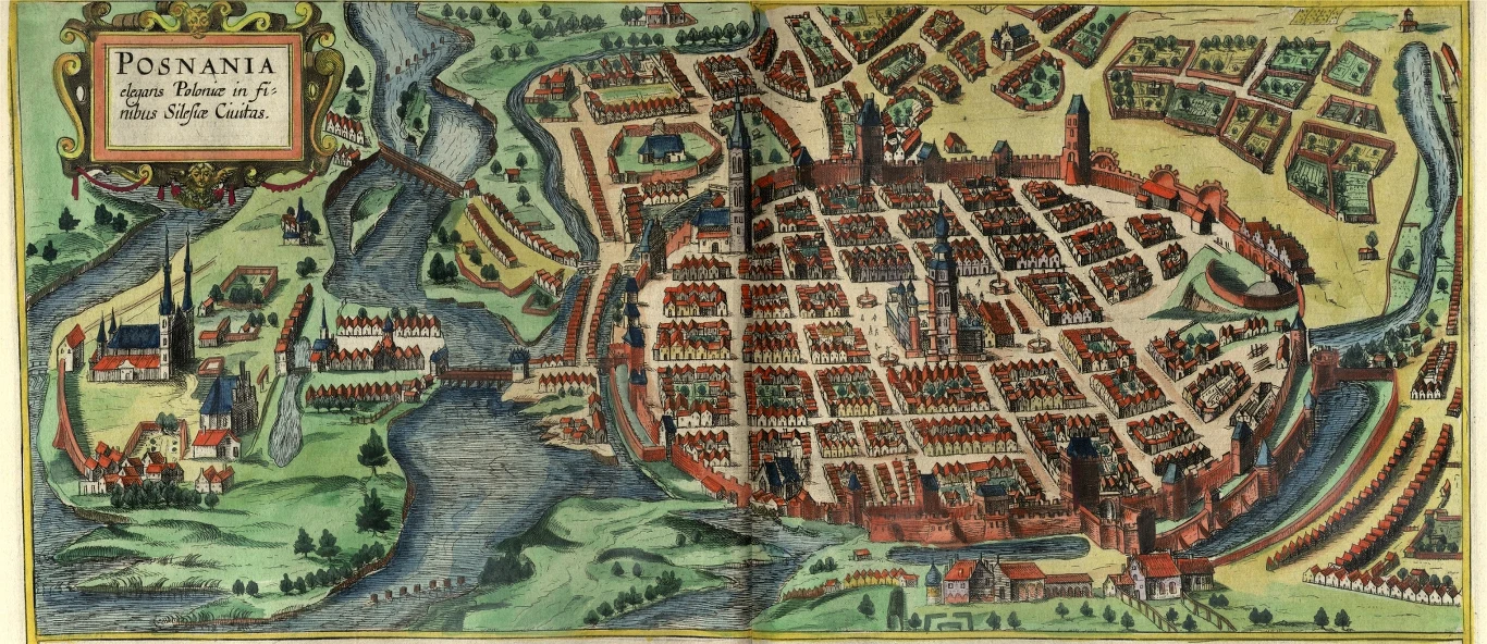 Mapa Poznania zamieszczona w atlasie Civitates Orbis Terrarum wydawanym w latach 1572 - 1618 Mapa Poznania zamieszczona w atlasie Civitates Orbis Terrarum wydawanym w latach 1572 - 1618