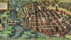 Mapa Poznania zamieszczona w atlasie Civitates Orbis Terrarum wydawanym w latach 1572 - 1618