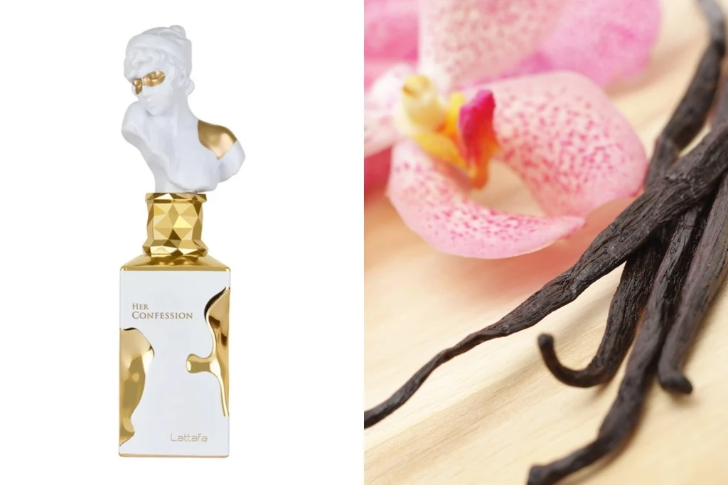 Arabskie perfumy na co dzień. Fot. Super-Pharm, 123RF/PICSEL Luksusowy flakon perfum ze złotymi zdobieniami oraz białą rzeźbą na korku umieszczony obok różowej orchidei i lasek wanilii na drewnianej powierzchni.