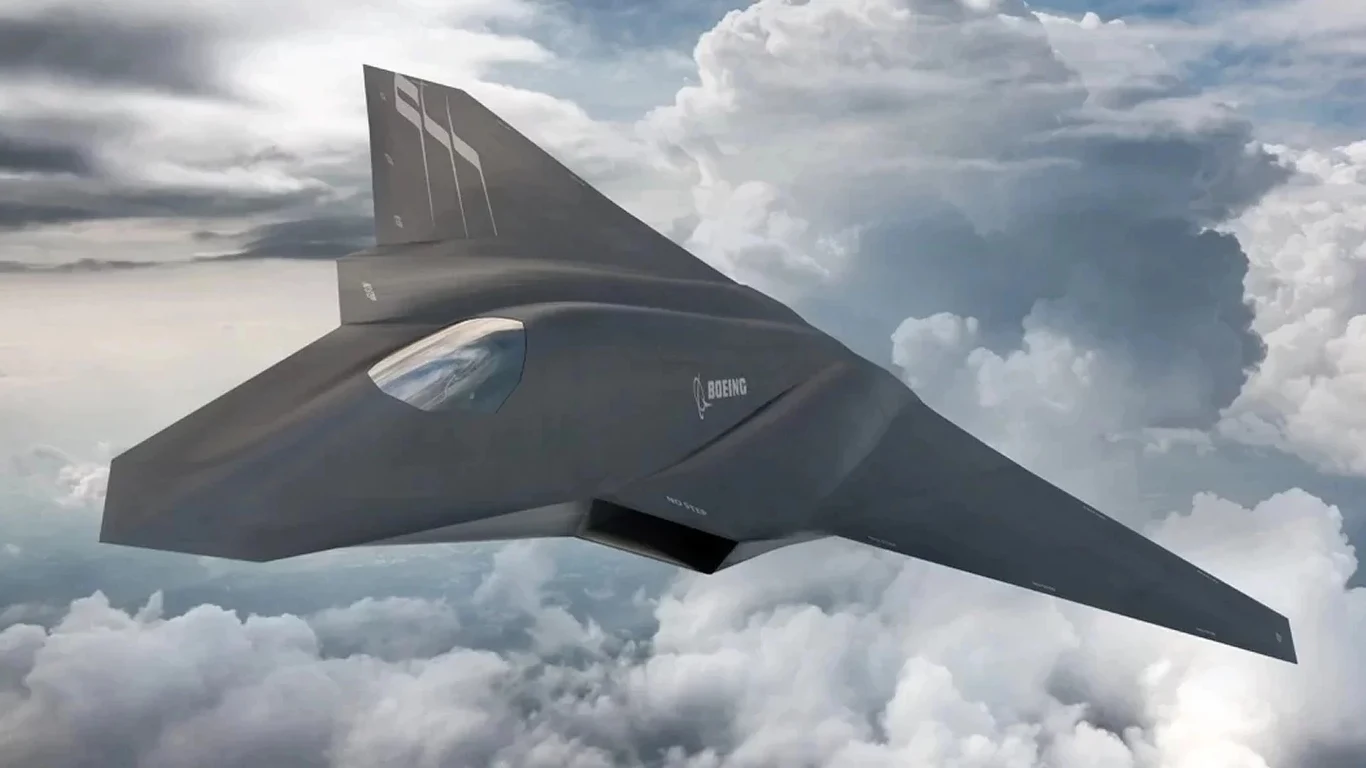 USA ujawniają informacje o myśliwcu przyszłości F-47 Nowoczesny, czarny myśliwiec odrzutowy z podatną konstrukcją stealth leci powyżej chmur, w tle skumulowane białe i szare obłoki kontrastujące z sylwetką maszyny.