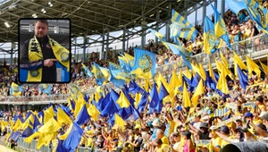Kibice Stali Gorzów. W rogu prezes, Dariusz Wróbel