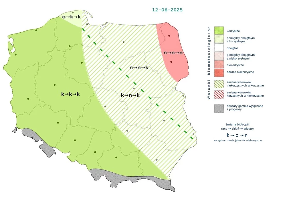 W większości kraju pogoda będzie korzystna. Wyjątkiem będą tereny na wschodzie i okresowo w centrum Mapa Polski z zaznaczonymi różnymi strefami biometeorologicznymi, pokazująca korzystne, niekorzystne i neutralne warunki, z datą 12-06-2025 oraz legendą wyjaśniającą oznaczenia.