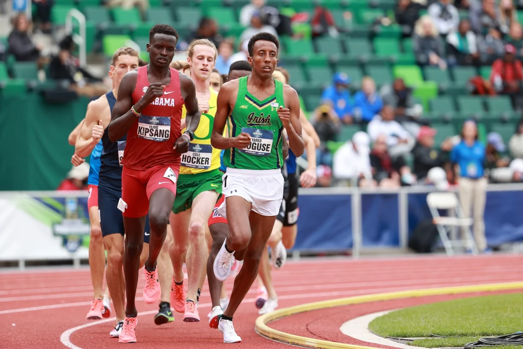 Eliud Kipsang walczy w mistrzostwach NCAA z Jaredem Nuguse (obok) i Colem Hockerem (z tyłu). Rywale zdobyli w Paryżu złoto i brąz igrzysk olimpijskich Grupa sportowców biegnących na stadionowej bieżni podczas zawodów lekkoatletycznych, prowadzący zawodnik ubrany w zielono-biały strój z nazwą swojej uczelni, a za nim rywale w kolorowych strojach reprezentacyjnych, tło stanowią trybuny z widownią.