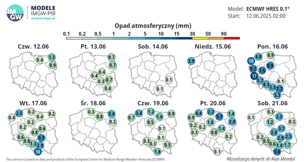 Burze i deszcze wrócą pod koniec obecnego tygodnia i na początku przyszłego. Kolejne dni również będą wymagające Mapa Polski z naniesionymi danymi dotyczącymi opadów atmosferycznych w milimetrach na dni od 12 do 21 czerwca 2025 roku, w formie kolorowych oznaczeń i liczb w różnych regionach kraju, pokazująca prognozowane sumy opadów dla poszczególnych dni.