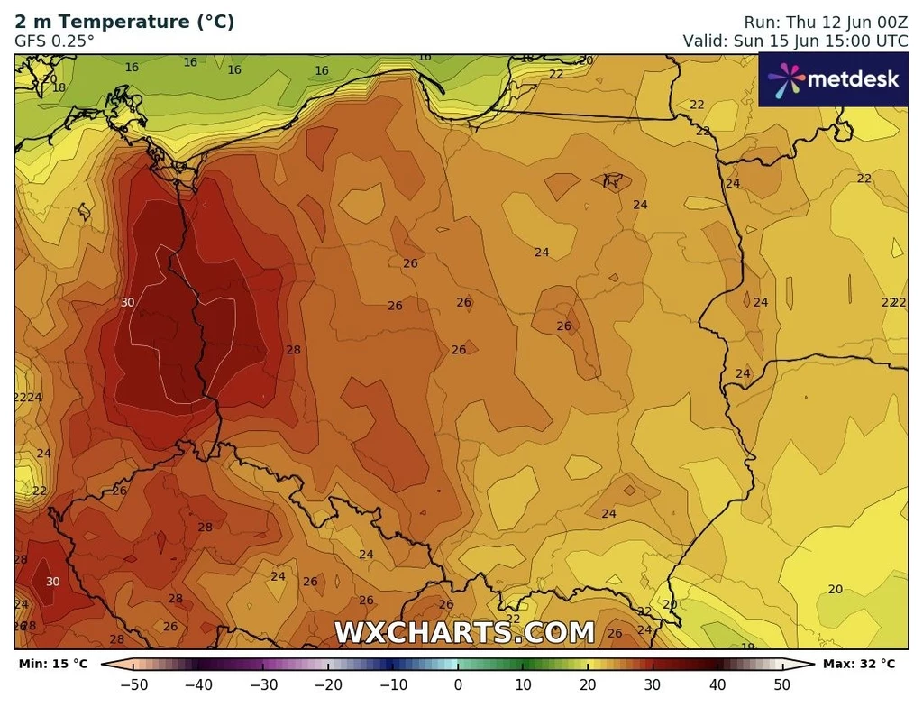 W niedzielę upalnie będzie na zachodzie, przede wszystkim na Ziemi Lubuskiej Kolorowa mapa prezentująca prognozowane temperatury powietrza na terenie Polski i okolic na konkretną godzinę w dniu 15 czerwca; na zachodzie kraju widoczny znacznie wyższy zakres temperatur, miejscami dochodzący do 32°C, z wyraźnym zaznaczeniem intens...