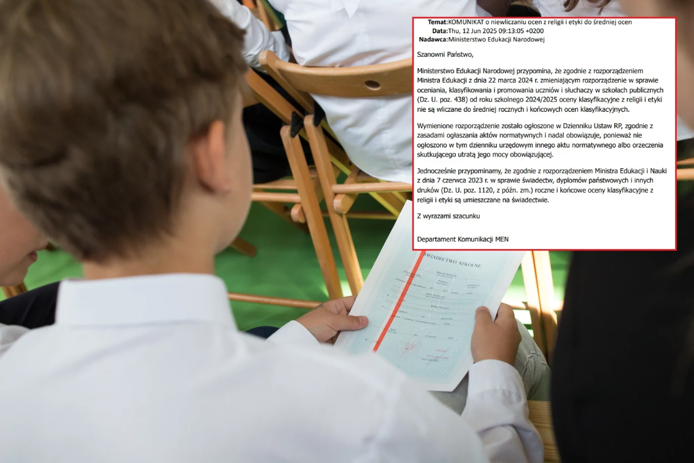 Jest stanowisko MEN ws. oceny z religii i etyki Uczeń w białej koszuli siedzi na krześle, trzymając w dłoniach wydrukowany dokument z komunikatem Ministerstwa Edukacji i Nauki, w tle widać innych uczniów oraz fragment drewnianych krzeseł.