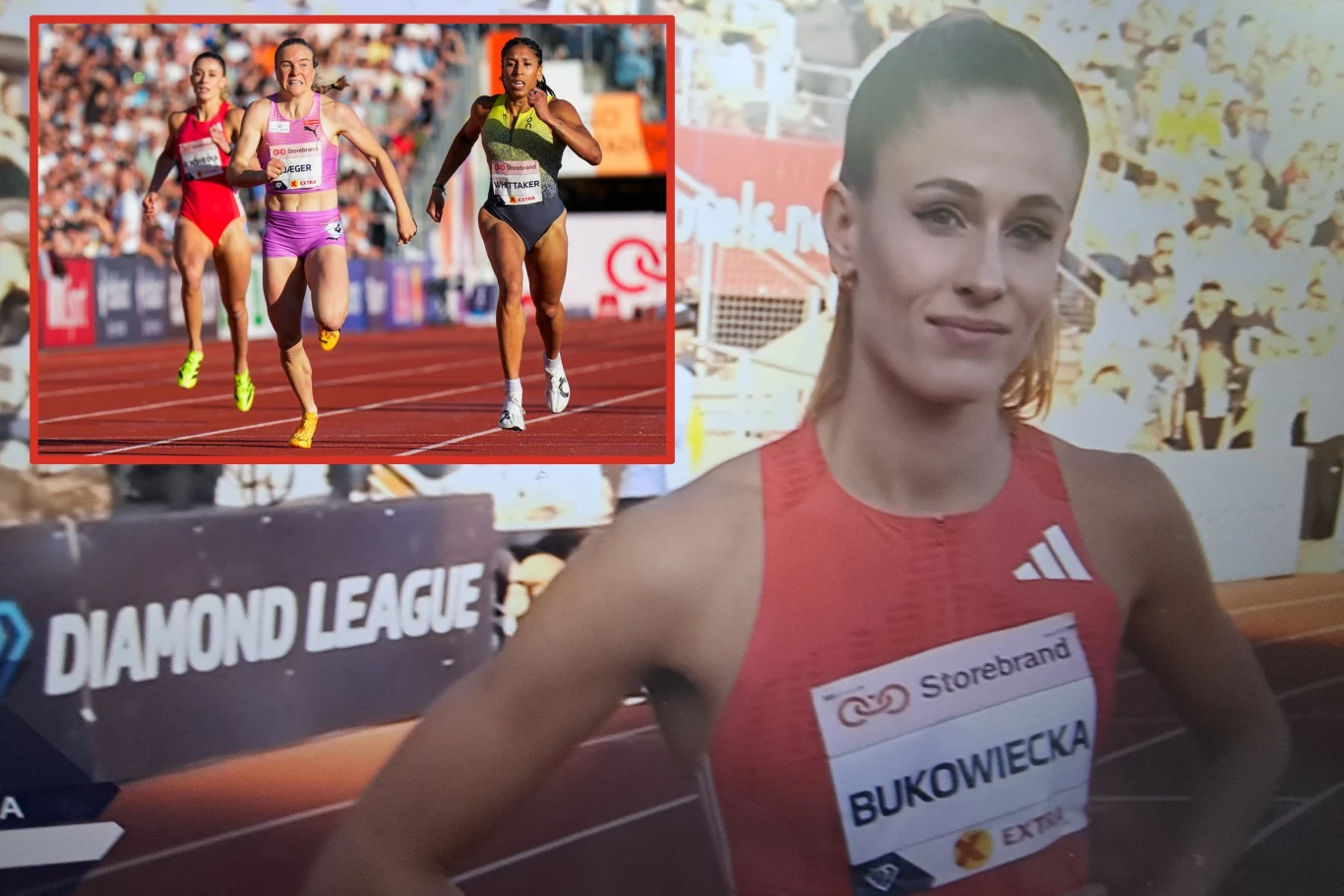 Natalia Bukowiecka nie poprawiła swojego rekordu sezonu w Oslo. Mało tego, finiszowała dopiero szósta Zbliżenie na lekkoatletkę Bukowiecką w sportowym stroju z numerem startowym na tle stadionu i baneru Diamond League, w górnym rogu widoczne ujęcie trzech biegaczek finiszujących podczas zawodów.