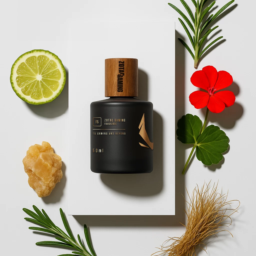Nazwa zobowiązuje. Perfumy F5 Zotaca mają odświeżający zapach Butelka perfum o nowoczesnym designie z drewnianą nakrętką otoczona połówką limonki, kawałkiem żywicy, liśćmi rozmarynu i kwiatem pelargonii, wszystko ułożone na białym tle w estetyczny sposób.