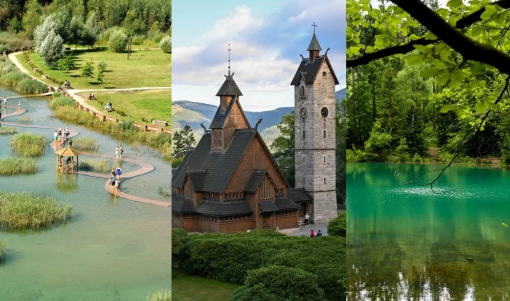 Unikatowe miejsca w Polsce, które warto odwiedzić. Fot. Rafal Jablonski, Andrzej Grygiel, Albin Marciniak Po lewej drewniane kładki nad wodą z turystami, pośrodku drewniany kościół z wysoką dzwonnicą otoczony zielenią, po prawej lazurowe jezioro otoczone gęstym lasem.