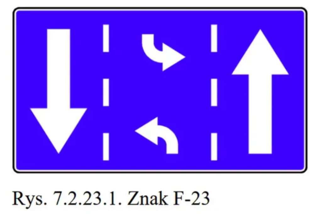 Znak F-23 to całkowita nowość na polskich drogach. niebieska tablica drogowa F-23 ukazująca podział ruchu drogowego na pasy z oznaczeniem kierunków jazdy dla każdego pasa, strzałki wskazujące możliwe kierunki jazdy, linie wyznaczające pasy ruchu