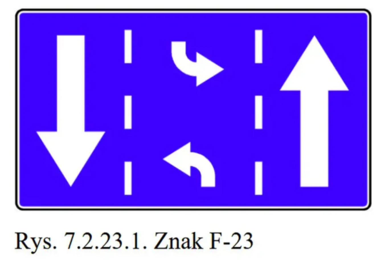 niebieska tablica drogowa F-23 ukazująca podział ruchu drogowego na pasy z oznaczeniem kierunków jazdy dla każdego pasa, strzałki wskazujące możliwe kierunki jazdy, linie wyznaczające pasy ruchu