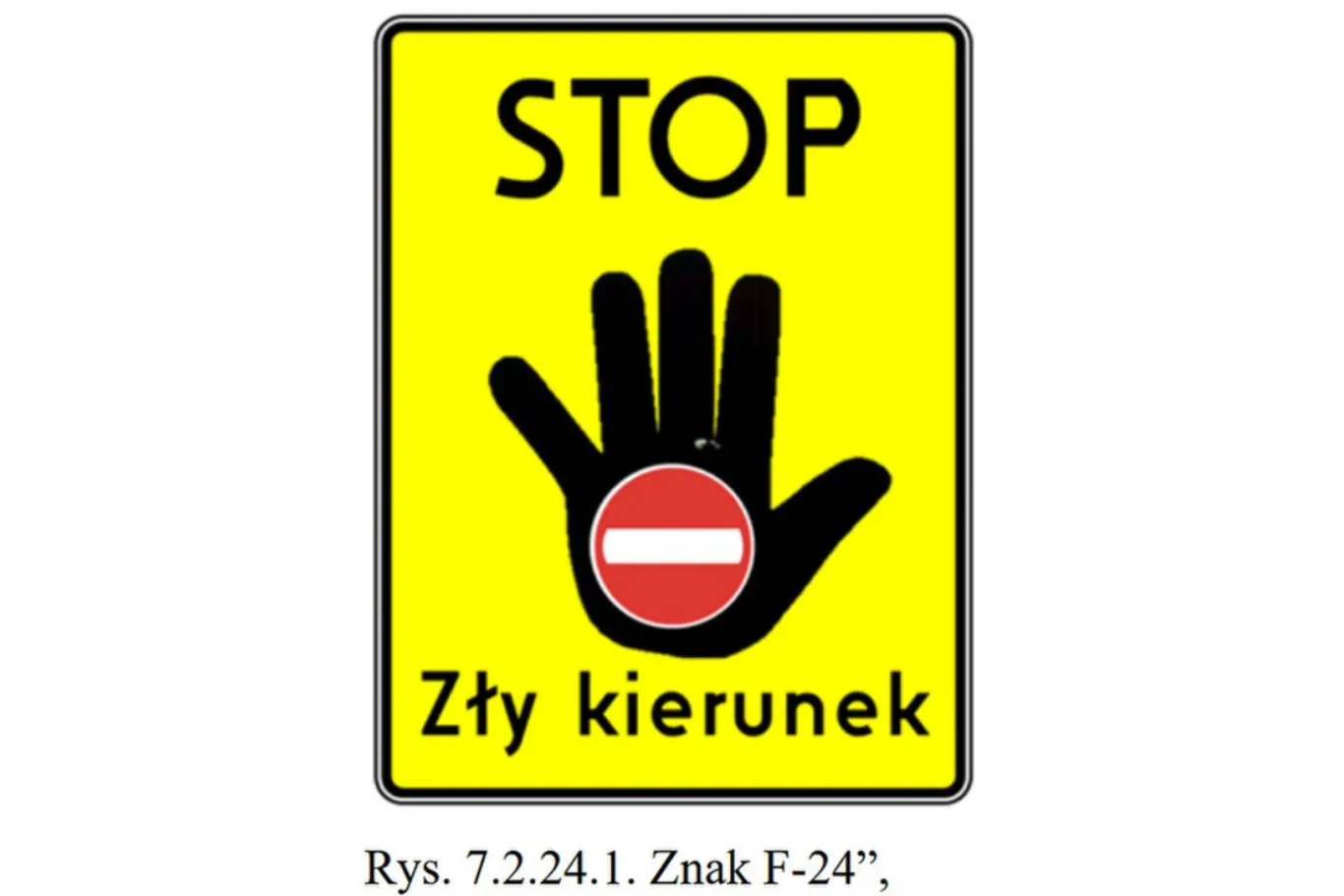 Duża czarna dłoń na żółtym tle z napisem STOP na górze i Zły kierunek na dole, w centrum dłoni znak zakazu wjazdu symbolizujący niewłaściwy kierunek ruchu.