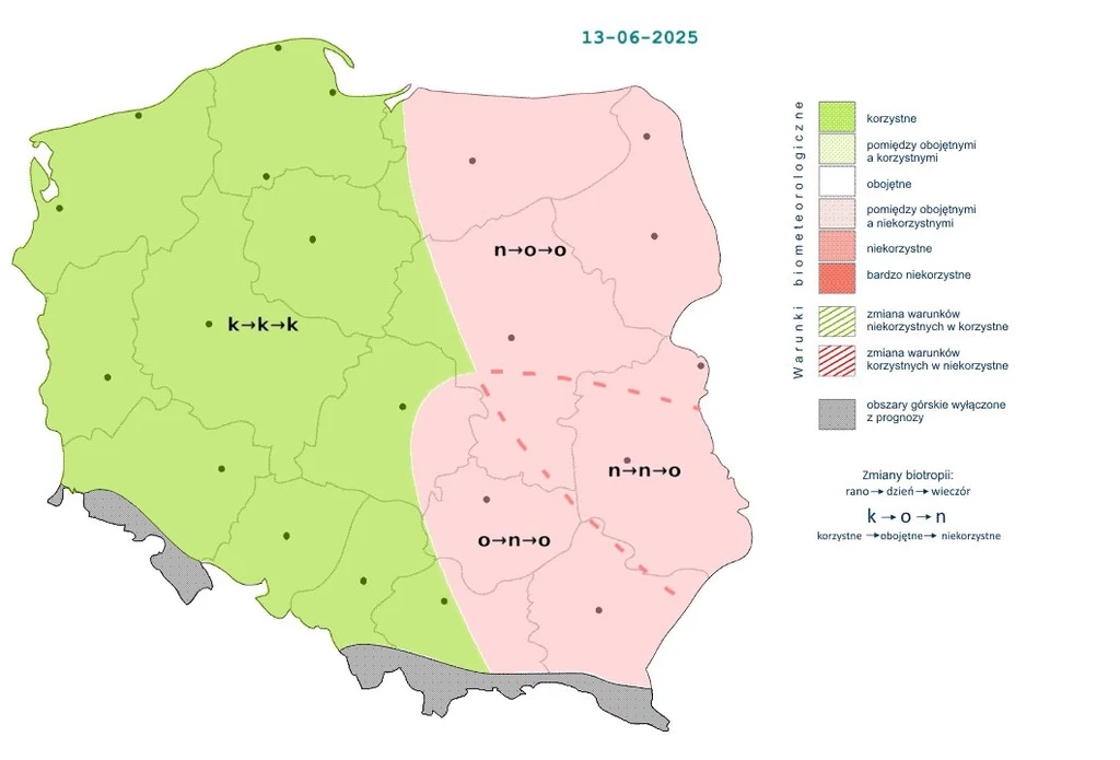 Pogoda będzie korzystna na zachodzie. Wschodnia połowa kraju doświadczy bardziej wymagających warunków Mapa Polski podzielona na dwie główne strefy barwne, z zachodnią częścią kraju zaznaczoną na zielono jako korzystną, a wschodnią na różowo jako niekorzystną. Na mapie widoczne symbole oraz legenda wyjaśniająca oznaczenia dotyczące warunków biometeorolo...