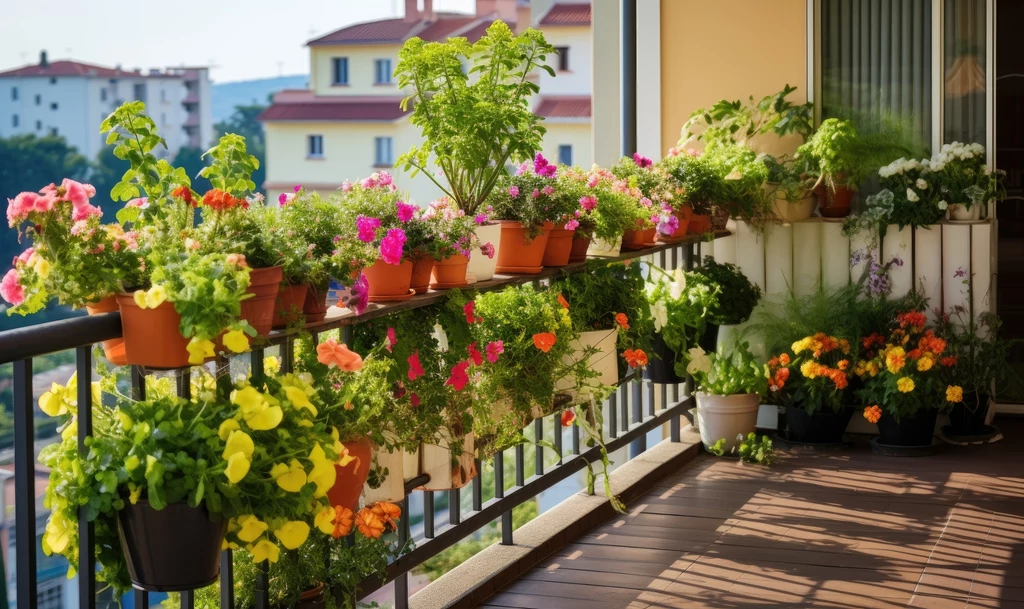Cień na balkonie to nie problem, lecz zaproszenie do stworzenia wyjątkowej aranżacji. Balkon pełen kolorowych doniczek z kwiatami i roślinami, nasłoneczniony, z widokiem na budynki w tle, tworzy przytulną i zieloną przestrzeń w miejskim otoczeniu.