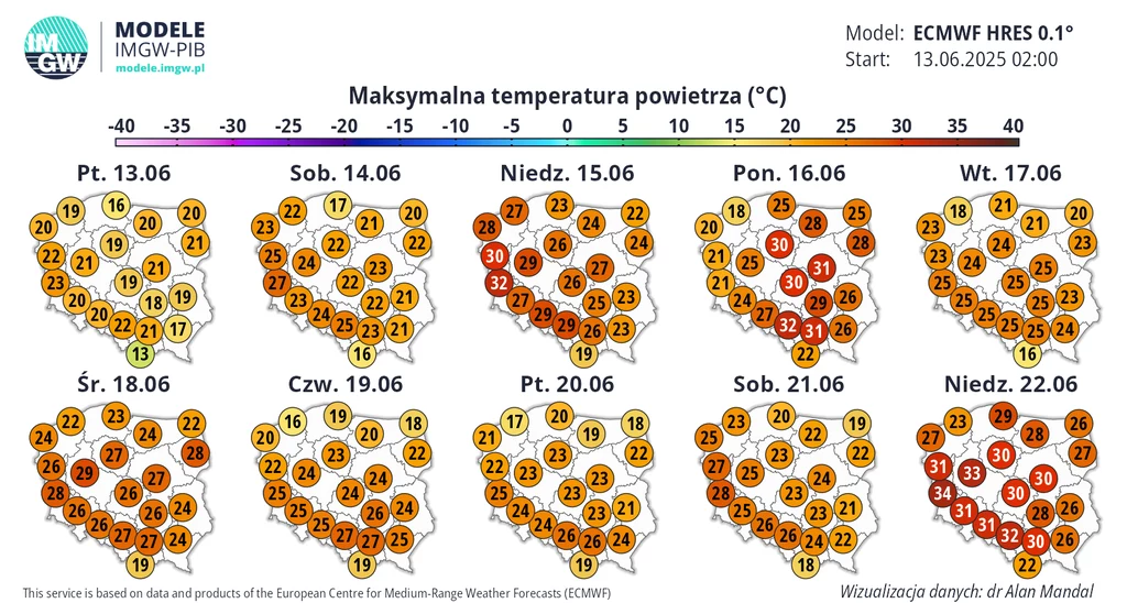 Długi weekend zapowiada się na ciepły i spokojny okres. Możliwe, że w niedzielę do Polski wrócą upały Mapa Polski z prognozowanymi maksymalnymi temperaturami powietrza dla poszczególnych województw w dniach od 13 do 22 czerwca 2025 roku, z wyraźnie zaznaczonymi wartościami w stopniach Celsjusza, ukazująca wzrost temperatury w drugiej połowie tygodnia.