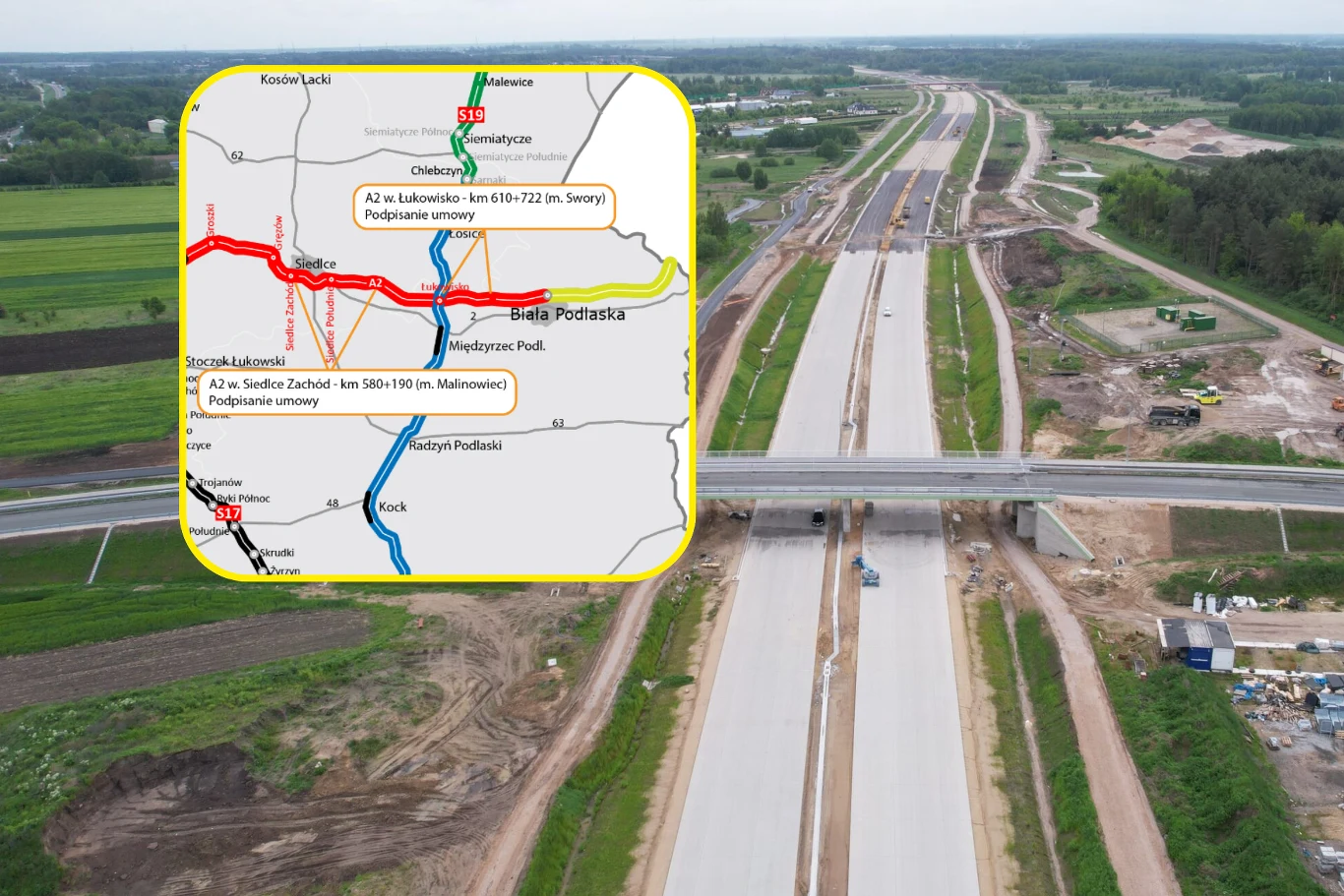 GDDKiA otrzymała dofinansowanie w wysokości 765 mln zł na budowę autostrady A2 od Siedlec do Białej Podlaskiej. Plac budowy nowoczesnej drogi ekspresowej z widocznym wiaduktem, maszynami budowlanymi i wielopoziomową infrastrukturą, w lewym górnym rogu mapa ilustrująca przebieg trasy S19 oraz okoliczne miasta.