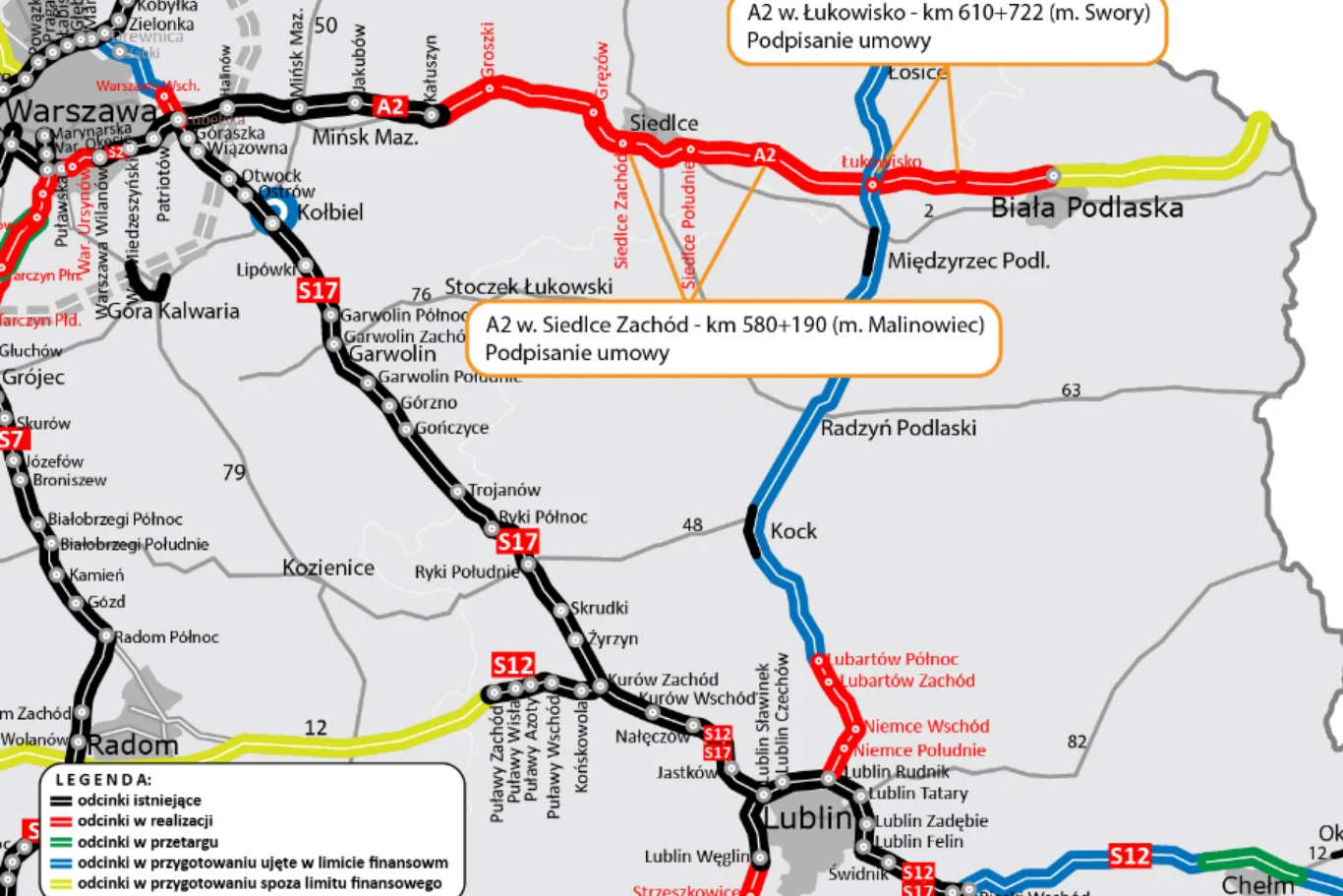 Z czterech odcinków pomiędzy Siedlcami a Białą Podlaską trzy są w realizacji. Mapa prezentująca sieć dróg i autostrad w okolicach Warszawy, Lublina oraz wybranych miast wschodniej Polski, z wyraźnie zaznaczonymi kolorami różnymi etapami realizacji poszczególnych odcinków komunikacyjnych.