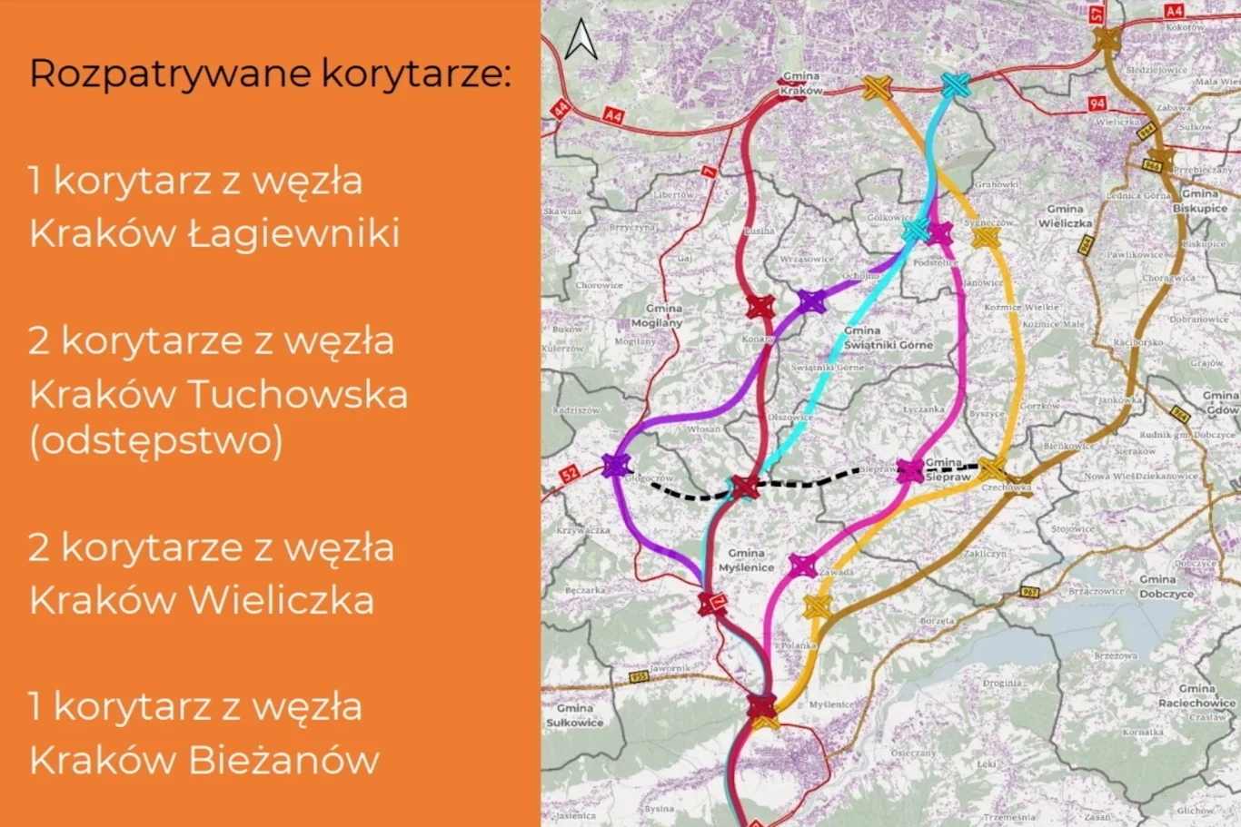 Mapa prezentuje rozważane korytarze drogowe wokół Krakowa z kolorowymi liniami oznaczającymi różne warianty tras oraz lokalizacje węzłów: Kraków Łagiewniki, Kraków Tuchowska, Kraków Wieliczka i Kraków Bieżanów.
