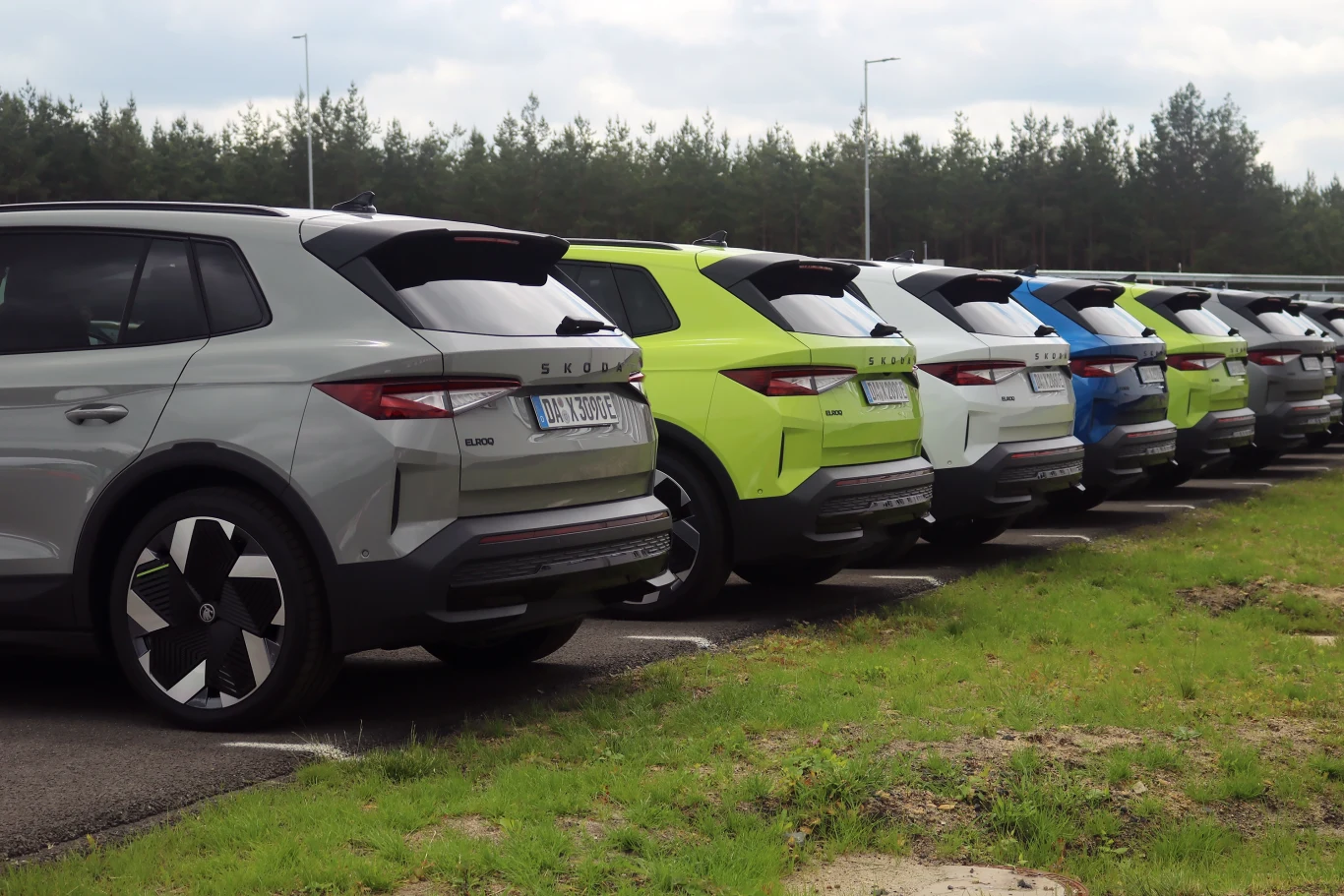 Do "klasycznych" lakierów znanych z modelu Elroq, dołączył ekskluzywny kolor "Zieleń Mamba". Rząd nowoczesnych samochodów osobowych różnych kolorów zaparkowanych na asfalcie, obok trawnika. Wszystkie auta ustawione są tyłem do obiektywu, a w tle widoczny jest las.