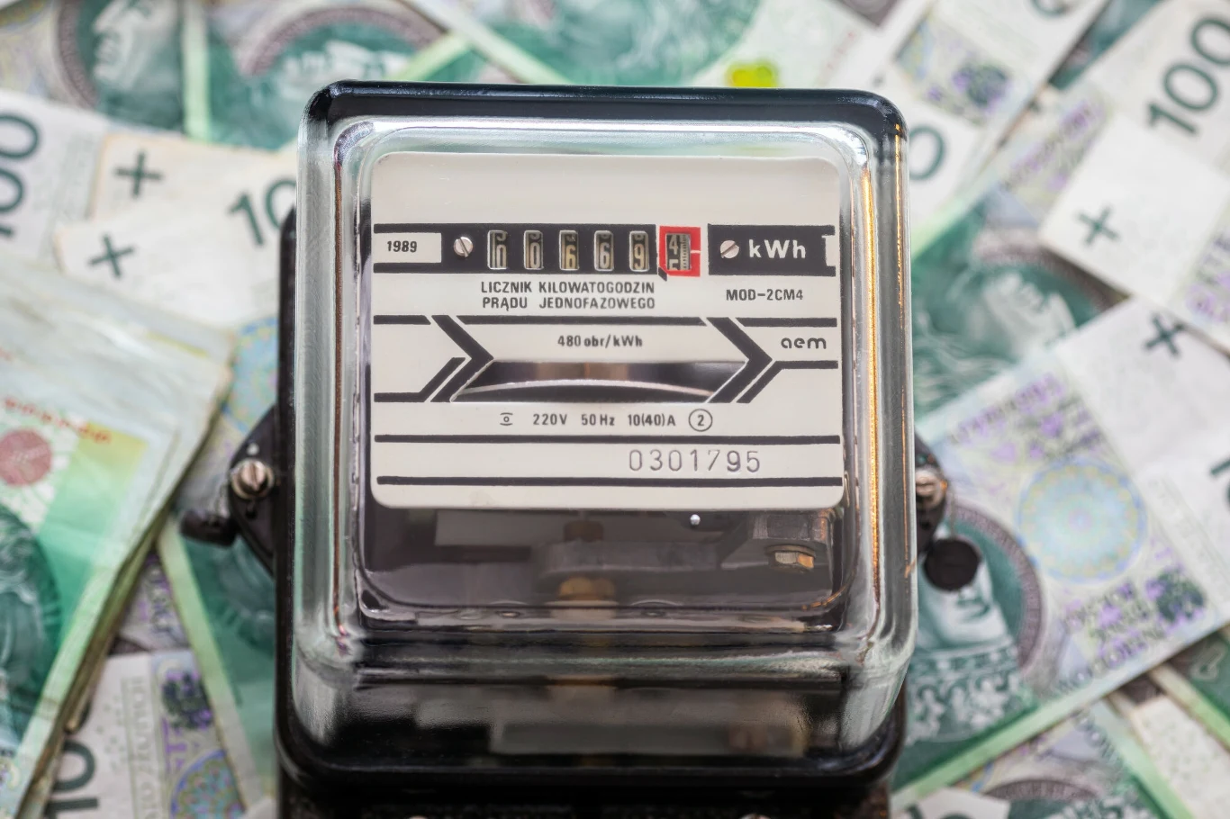 Licznik energii elektrycznej umieszczony na tle rozłożonych banknotów polskich złotych, na liczniku widoczne cyfry zużycia prądu.