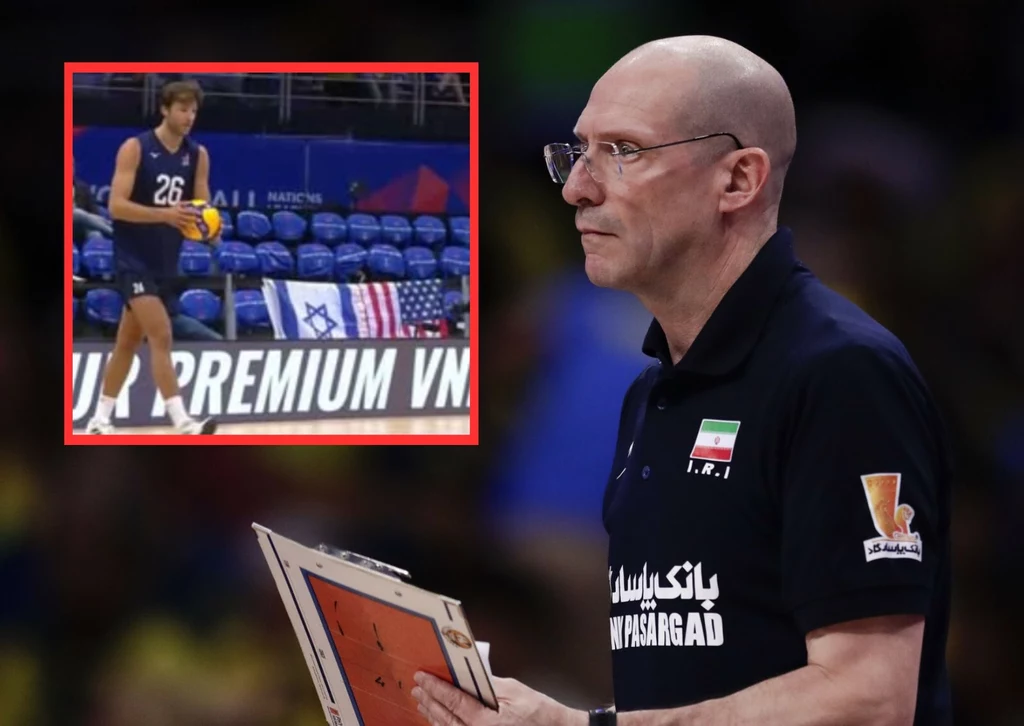 Trener Iranu Roberto Piazza i flaga Izraela podczas meczu jego zespołu z USA Trener Iranu Roberto Piazza i flaga Izraela podczas meczu jego zespołu z USA