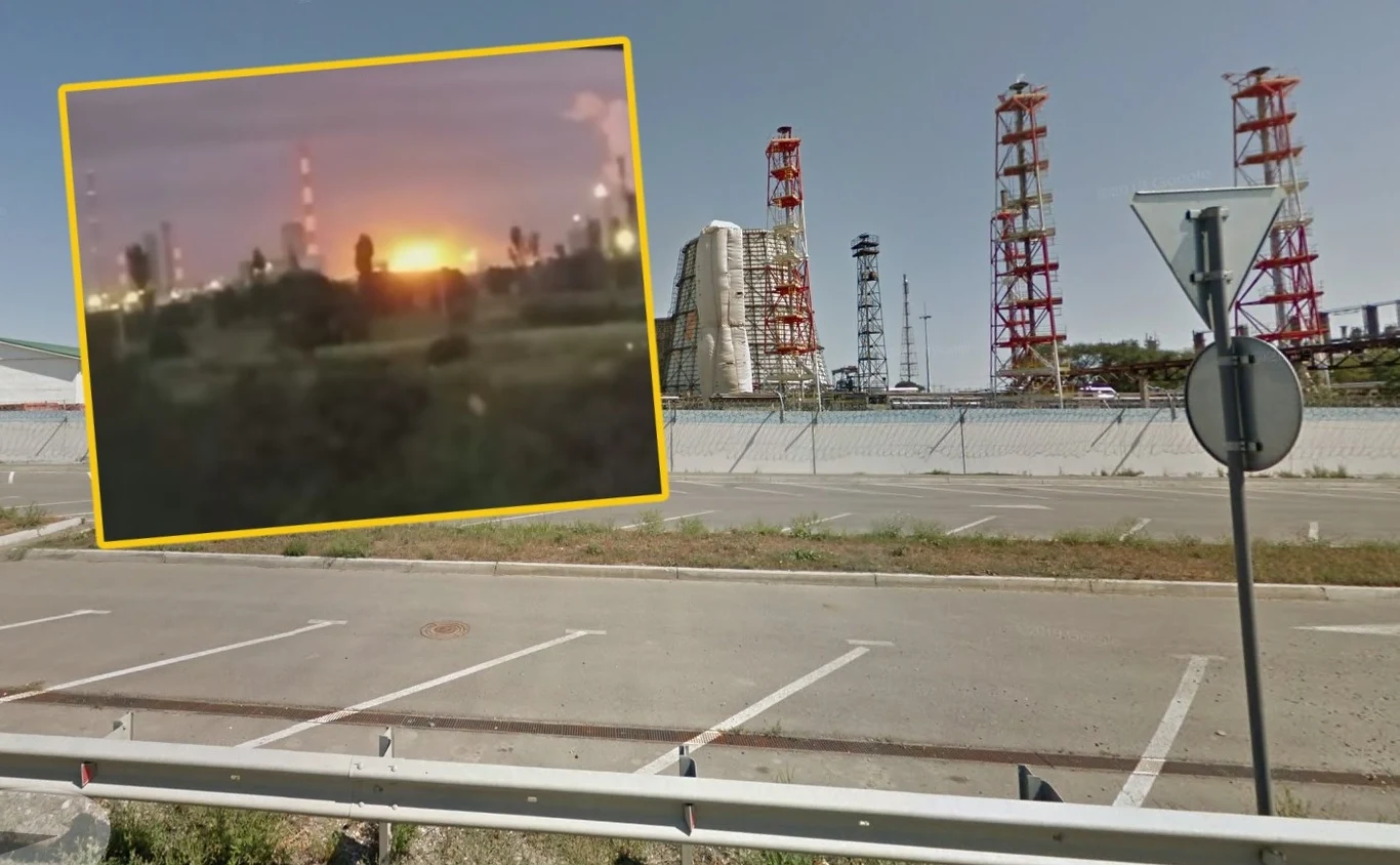Ukraińcy zaatakowali dronami dwie rosyjskie fabryki materiałów wybuchowych Kombinacja panoramy rafinerii lub zakładu przemysłowego z metalowymi konstrukcjami oraz nałożonym zdjęciem z rozbłyskiem światła i pożarem na tle tej samej infrastruktury.