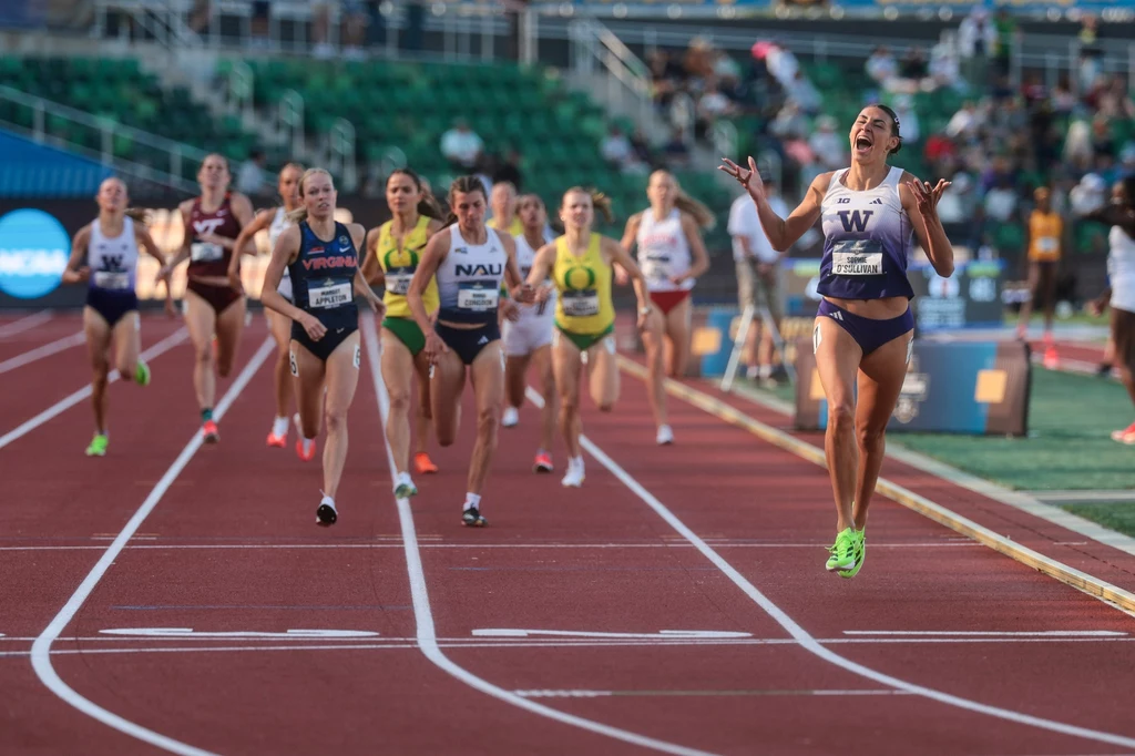 Sophia O'Sullivan wygrywa mistrzostwa NCAA na 1500 metrów. Klaudia Kazimierska (żółta koszulka, z prawej strony) - piąta Grupa zawodniczek biegnących na bieżni stadionowej, jedna z nich wyraźnie prowadzi i wyraża emocje triumfu, pozostałe uczestniczki pozostają z tyłu, trybuny w tle są częściowo zapełnione.