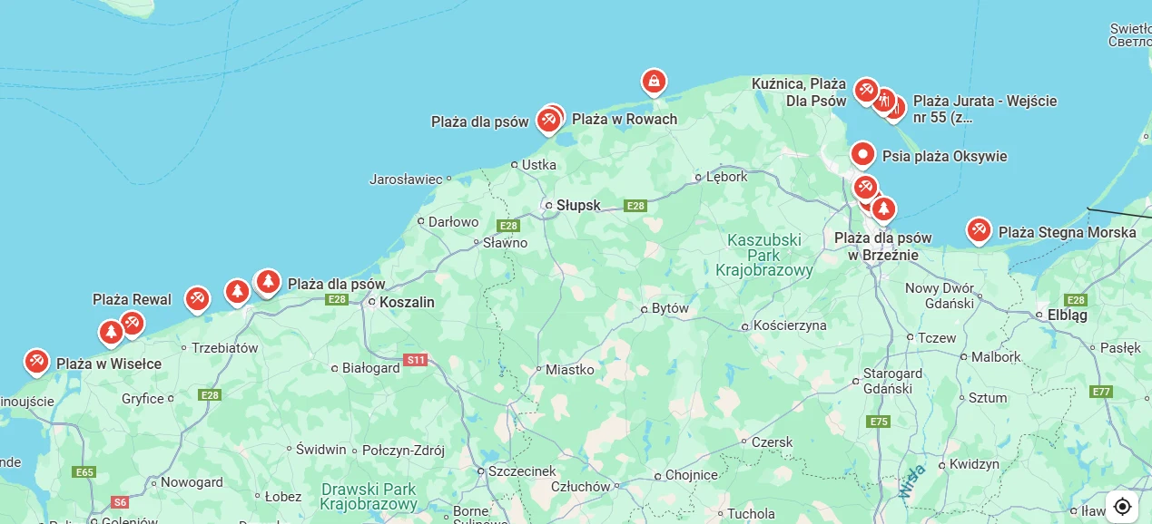 Mapa północnej Polski z wyraźnie zaznaczonymi punktami plaż dla psów na wybrzeżu Bałtyku, obejmująca różne miejscowości od zachodu po wschód regionu.