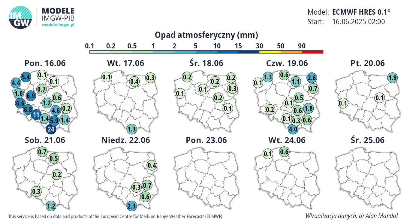 Mapa Polski z prognozą ilości opadów atmosferycznych w milimetrach na kolejne dni, z podziałem na województwa i z wyróżnieniem większych sum opadów w zachodniej części kraju na początku okresu prognozy.