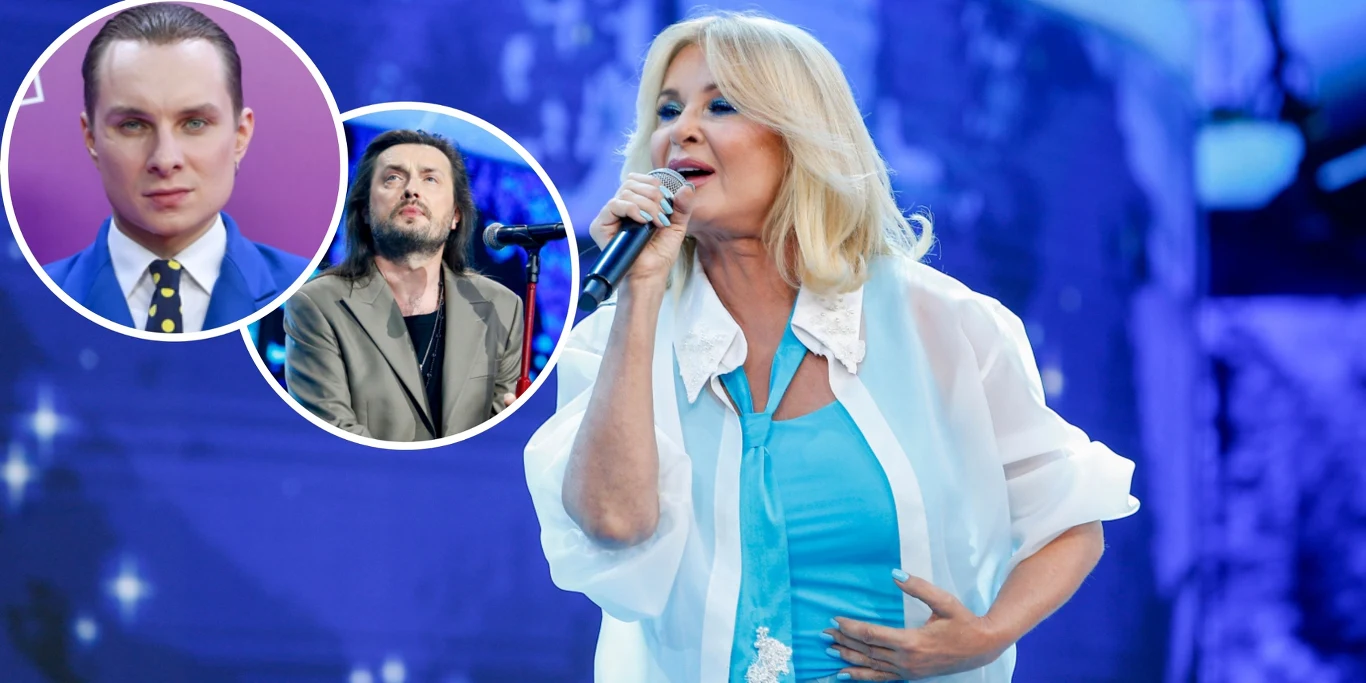 62. KFPP za nami! Kobieta w jasnej koszuli i niebieskiej sukience śpiewa na scenie, trzyma mikrofon w jednej ręce, na tle niebieskiego oświetlenia; w dwóch okrągłych ramkach widoczne są portrety dwóch mężczyzn.