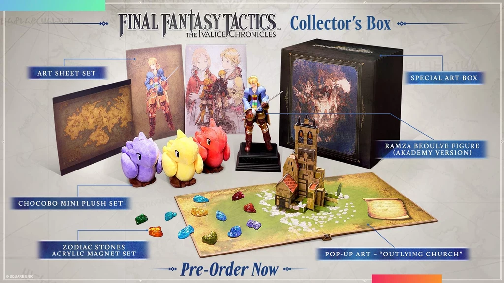 Final Fantasy Tactics The Ivalice Chronicles - edycja kolekcjonerska Kolekcjonerski zestaw związany z grą Final Fantasy Tactics The War of the Lions obejmuje specjalne pudełko, arkusz z grafikami, figurkę Ramza w wersji akademii, zestaw trzech pluszowych Chocobo, zestaw magnesów akrylowych z kamieniami zodiaku oraz wysk...