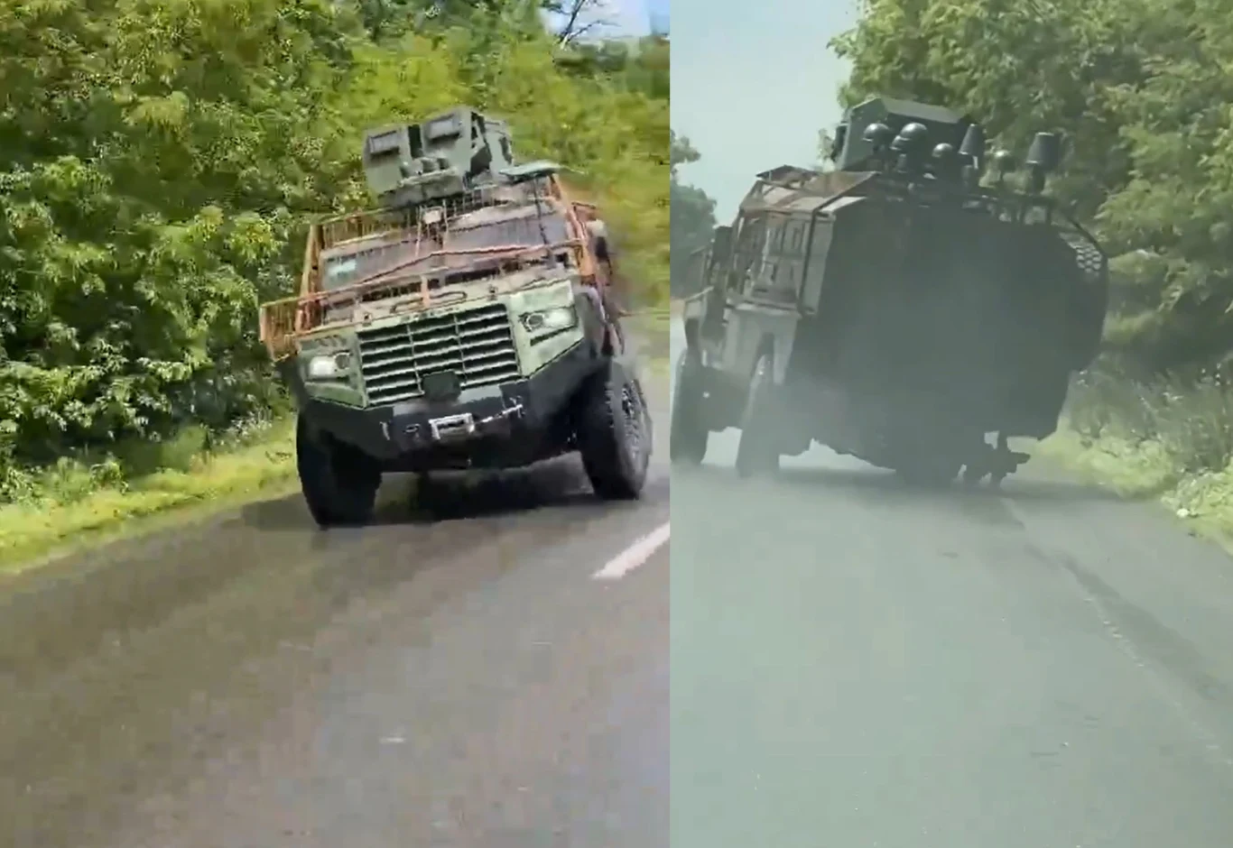 Urwane koło to nie problem. "Senator" nadal ewakuuje żołnierzy z frontu Opancerzony pojazd wojskowy poruszający się po asfaltowej drodze otoczonej zielonymi drzewami, sfotografowany z dwóch różnych perspektyw, z przodu i z tyłu.