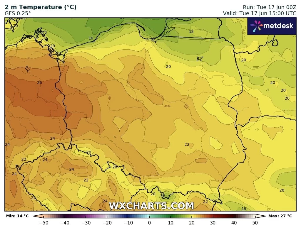 Mapa Polski z kolorystycznym oznaczeniem temperatur powietrza na wysokości 2 metrów, wartości wahają się od 14°C do 27°C, najwyższe temperatury występują na zachodzie kraju, najniższe na północnym wschodzie.