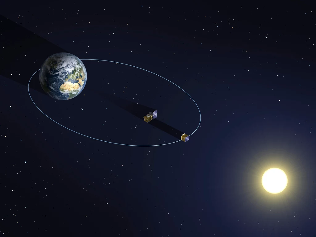 W skład misji ESA Proba-3 wchodzą dwa satelity. Ziemia widoczna z kosmosu w otoczeniu orbitującego satelity, na tle gwiazd z widocznym Słońcem po prawej stronie kadru
