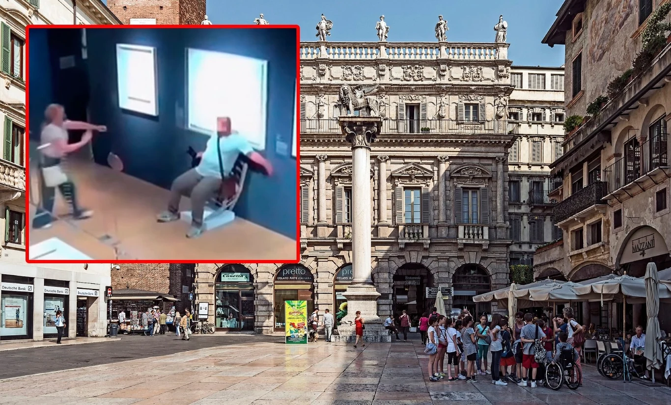 Palazzo Maffei w Weronie. Turysta zniszczył dzieło sztuki, a wszystko zarejestrowała kamera monitoringu Plac miejski z zabytkową architekturą i rzeźbami, w rogu wstawka przedstawiająca agresywne zachowanie dwóch osób w muzeum, jedna osoba atakuje drugą siedzącą na krześle.