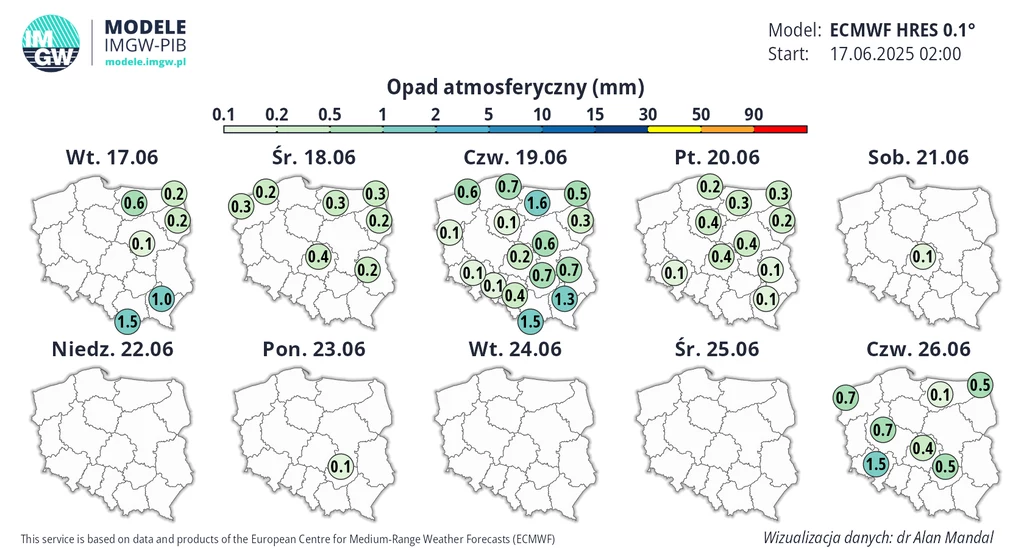 Podczas procesji Bożego Ciała w wielu miejscach może padać deszcz. Mimo wszystko burze nie powinny się pojawić Tygodniowa prognoza opadów atmosferycznych dla Polski według modelu ECMWF, przedstawiająca ilość spodziewanych opadów w milimetrach na poszczególne dni, z oznaczeniami wartości na obszarze kraju.
