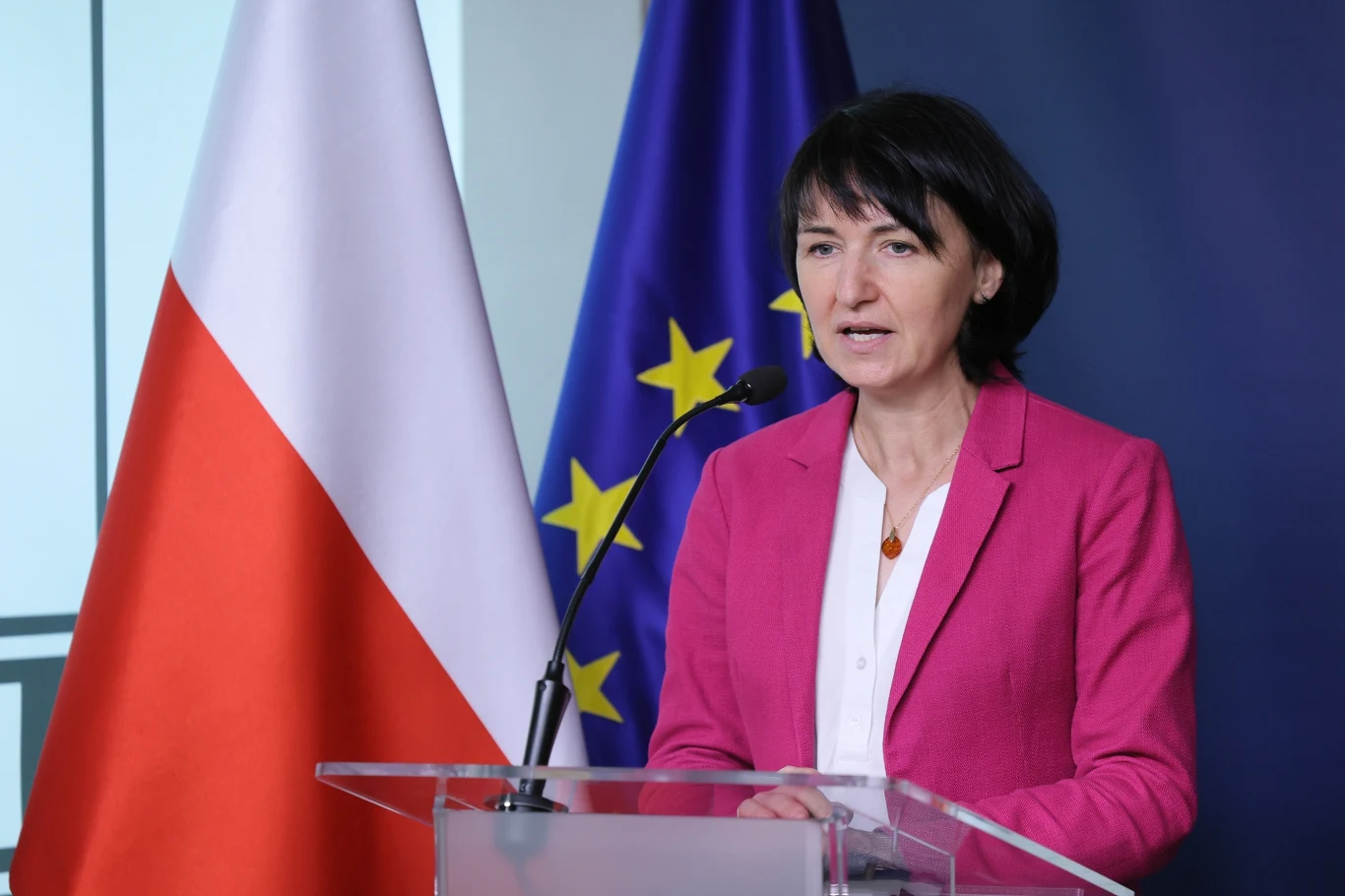 Wiceszefowa MSZ Henryka Mościcka-Dendys Kobieta w różowej marynarce przemawia przy mównicy, w tle widoczne flagi Polski i Unii Europejskiej.