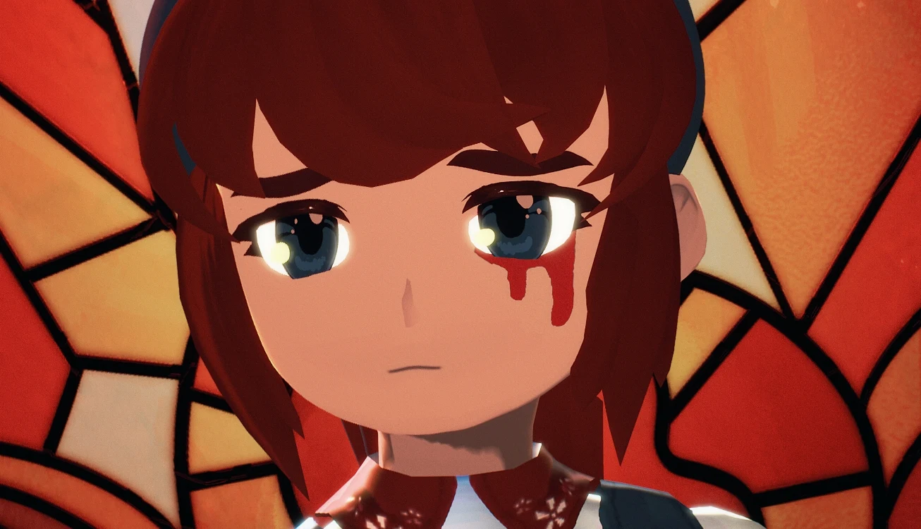 Fractured Blooms Dziewczynka w stylu anime z krótkimi brązowymi włosami, smutnym wyrazem twarzy i krwią spływającą z oka, stojąca na tle witraża o ciepłych, pomarańczowych barwach.
