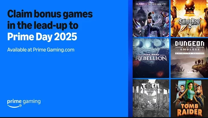 Plansza reklamowa Prime Gaming na której promowane są dodatkowe gry do zdobycia przed Prime Day 2025, widoczne okładki kilku gier wideo oraz logo Prime Gaming.