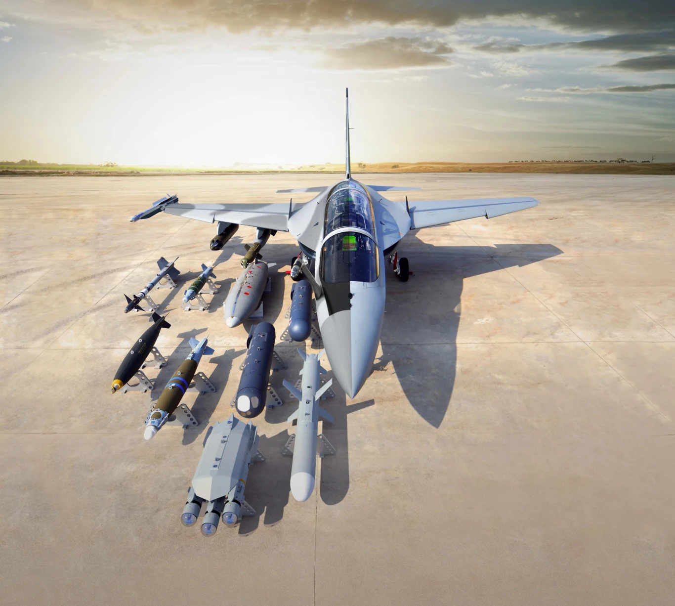 Wizualizacja M-346F Block 20 z uzbrojeniem Myśliwiec wojskowy ustawiony na płycie lotniska otoczony różnymi rodzajami uzbrojenia, w tym rakietami, bombami i zasobnikami, rozmieszczonymi po obu stronach samolotu; całość sfotografowana przy świetle zachodzącego słońca.