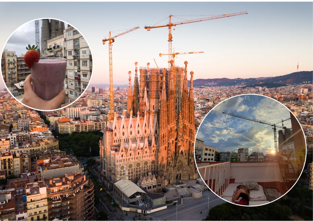Sagrada Familia Panorama Barcelony z dominującą bazyliką Sagrada Familia w centrum kadru, otoczona żurawiami budowlanymi. W lewym górnym rogu widoczne jest zbliżenie na szklankę smoothie z truskawką, a w prawym dolnym rogu scena z tarasu z widokiem na dźwigi budowlane...