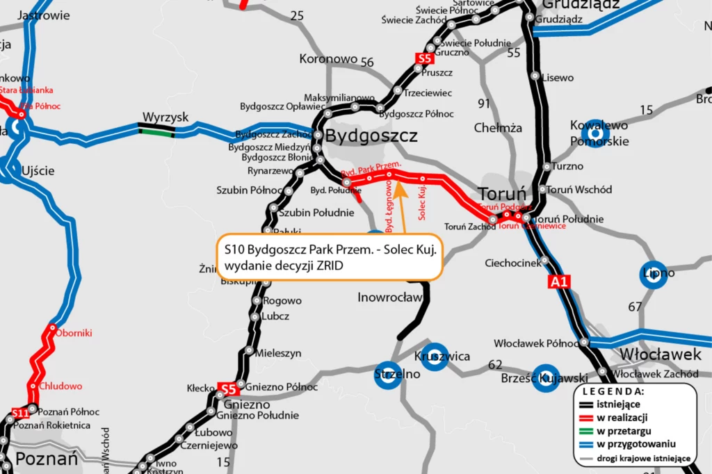 Droga ekspresowa S10 ma docelowo liczyć prawie 400 km. GDDKiA czeka na ostatnią decyzję wojewody dotyczącą odcinka Toruń Zachód - Toruń Południe. Mapa drogowa przedstawiająca sieć dróg krajowych i planowane inwestycje w okolicach Bydgoszczy i Torunia, z oznaczeniem odcinka S10 oraz różnych etapów realizacji dróg.