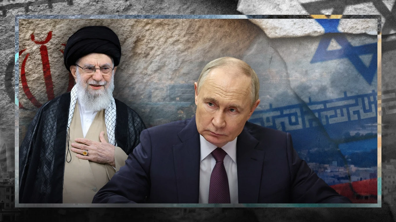 Panika na Kremlu. Konflikt Izraela z Iranem może pokrzyżować plany Putina Dwie znane postacie polityczne na tle symboli narodowych oraz ściany z fragmentem flagi Izraela i wzorami nawiązującymi do Iranu, sugerującymi kontekst geopolityczny i napięcia międzynarodowe.