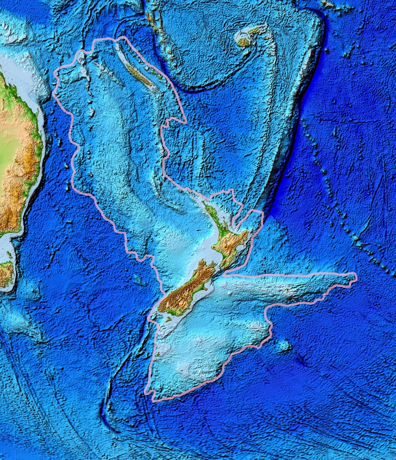 Mapa topograficzna Zelandii. Kształtem trochę przypomina Włochy Mapa batymetryczna ukazująca zarys zatopionego kontynentu Zelandia wraz z Nową Zelandią, otoczona głębokimi wodami Oceanu Spokojnego, z kontrastującymi poziomami głębokości dna oceanicznego.