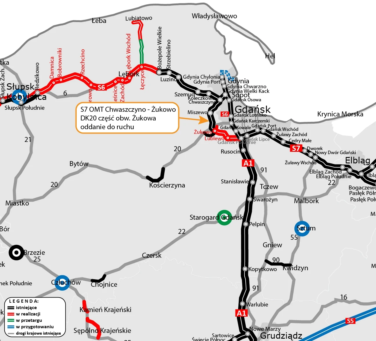 Mapa przedstawia sieć dróg krajowych i autostrad na Pomorzu, z zaznaczonymi trasami istniejącymi, w budowie oraz planowanymi, na tle lokalizacji miast takich jak Gdańsk, Słupsk czy Elbląg. Szczególnie wyróżniona trasa S7 oraz odcinek Chwaszczyno-Żukowo.