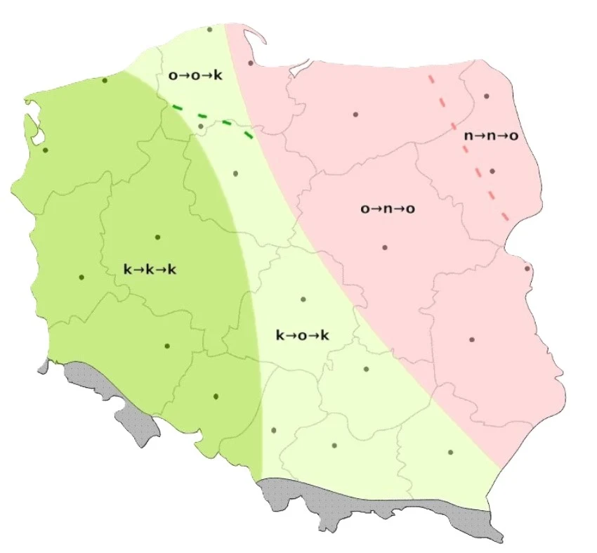 Mapa Polski podzielona na dwa główne regiony za pomocą zielonej i różowej kolorystyki, z zaznaczonymi schematami fonetycznymi dla różnych części kraju i liniami oznaczającymi granice dialektów